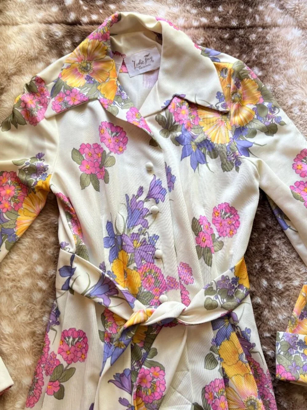 M Leslie Fay Vintage 70s Floral Prairie Maxi Dress Fringe Tie